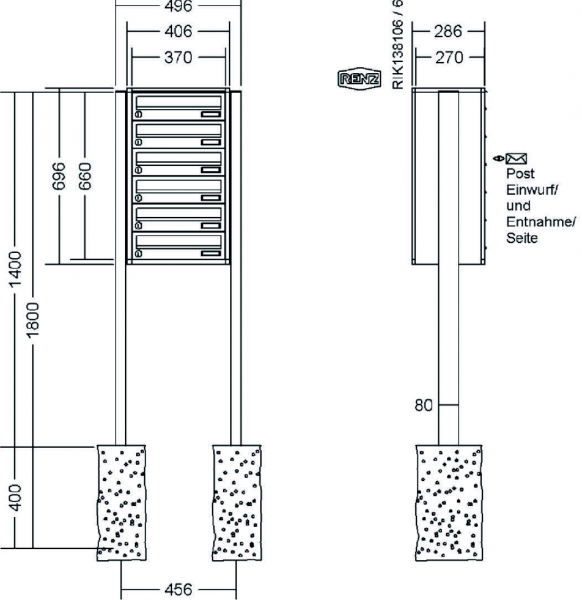 RENZ Briefkastenanlage freistehend, Quadra, Kastenformat 370x110x270mm, 6-teilig, zum Einbetonieren